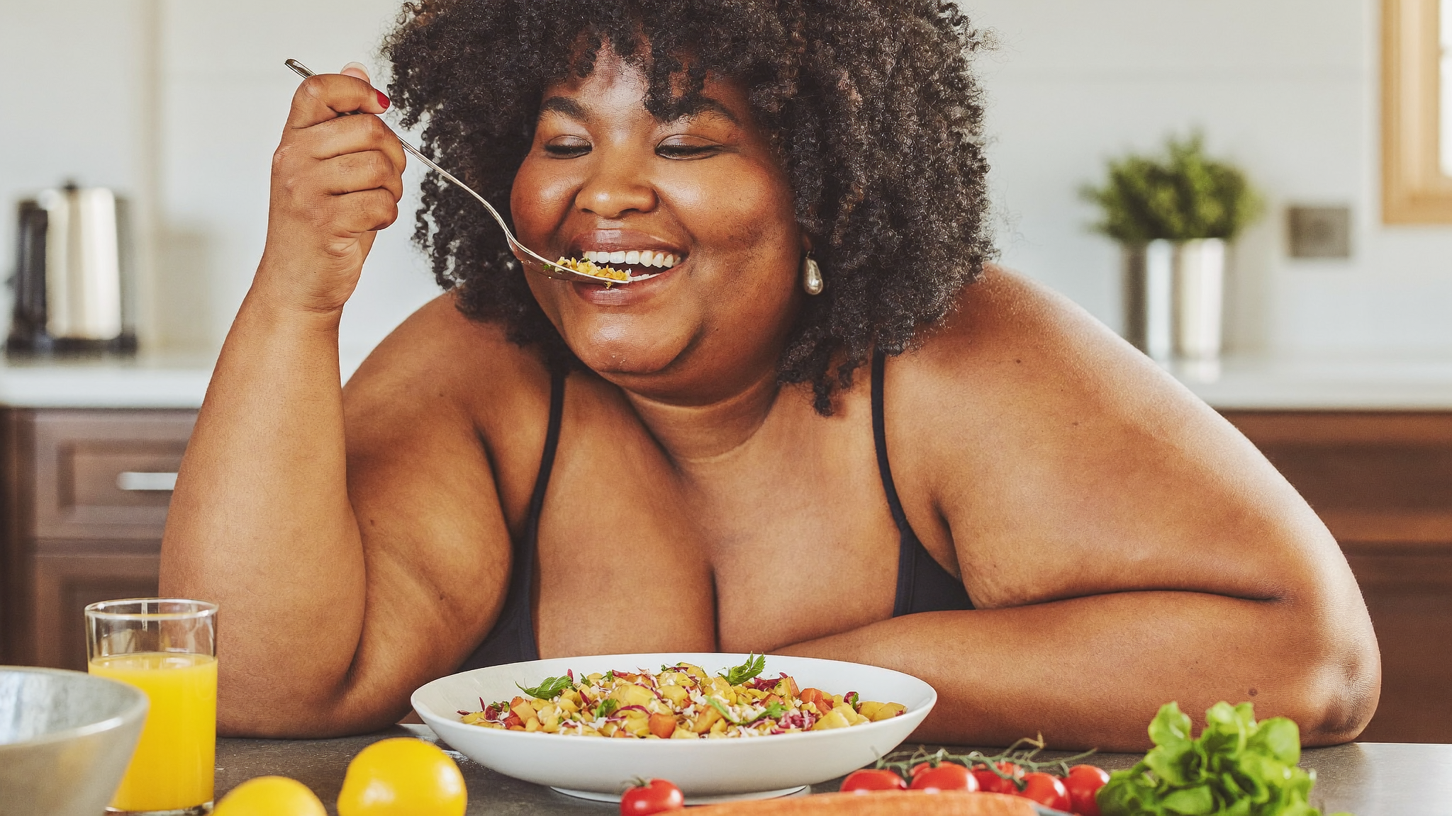 Femme noire épanouie savourant un repas équilibré et coloré, sans restriction ni culpabilité